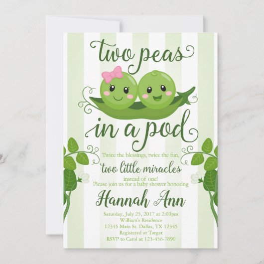 ポッドベイビーシャワー招待状スイートピーの2つの豆 招待状 (正面)