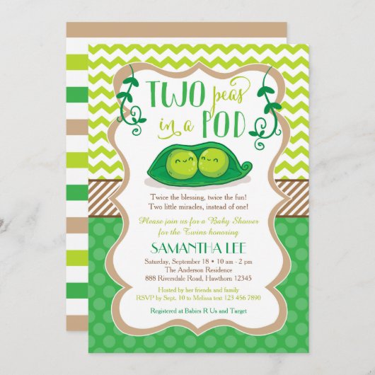 ポッドベビーシャワーの中の2頭の豆双子招待状 招待状 (正面/裏面)
