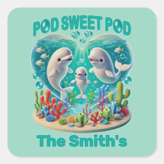 「ポッド甘いポッド」ホエールファミリーのカスタマイズ スクエアシール (正面)