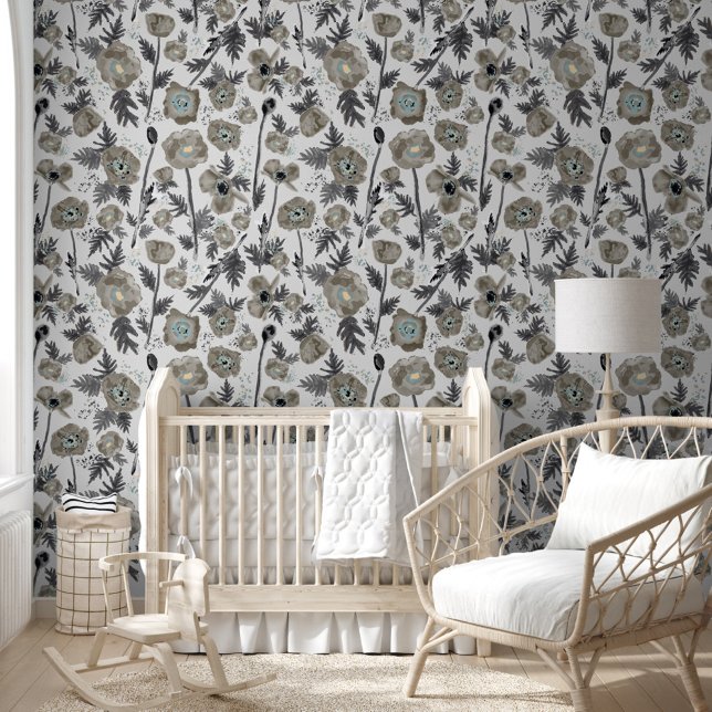 ポッパイズタウペウカラーフローラルパターン 壁紙 (Poppies Taupe Watercolor Floral Pattern Wallpaper from Studio Posies.)