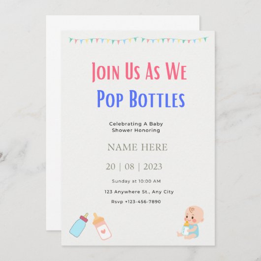 ポッピングボトルベビーシャワー男女兼用 招待状 (正面/裏面)