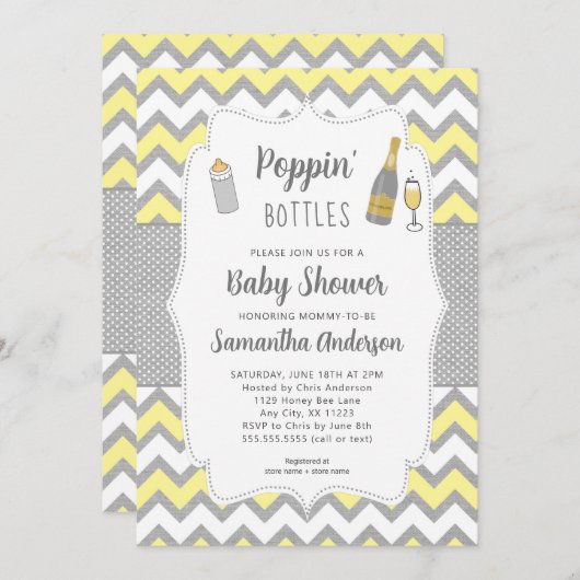 ポッピンボトルイエローグレーベビーシャワー 招待状 (正面/裏面)