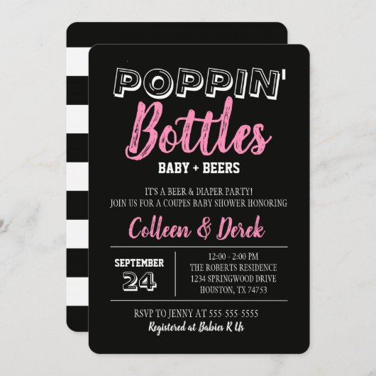 ポッピンボトルピンクベビーシャワー招待状 招待状 (正面/裏面)