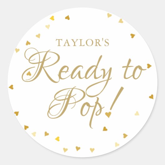 ポップする準備ができたかわいいゴールドのラブハートベイビーシャワー ラウンドシール (正面)