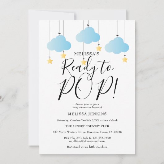 ポップする準備ができたきらきらボーイ ベイビーシャワー 招待状 (正面)