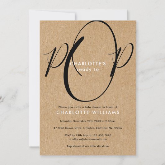 ポップする準備ができたベイビーシャワーチックスクリプト ラスティッククラフト 招待状 (正面)