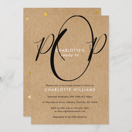 ポップする準備ができたベイビーシャワーチックスクリプト ラスティッククラフト 招待状 (正面/裏面)