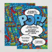 ポップする準備ができたベイビーシャワーマンガ楽しい青 招待状 (正面/裏面)