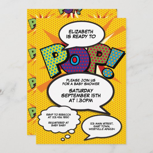 ポップする準備ができたベイビーシャワー 現代のコミック ファン 招待状 (正面/裏面)