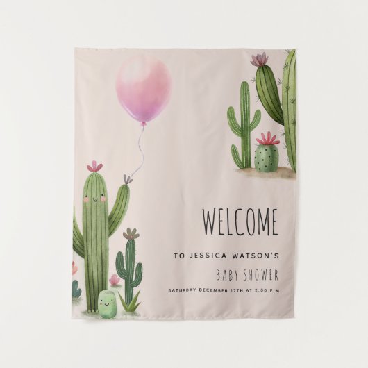 ポップする準備ができた女の子の風船サボテン 緑のベイビーシャワー タペストリー (正面)