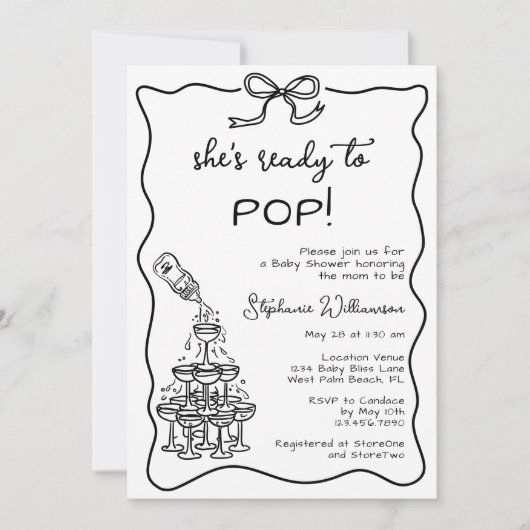 ポップする準備ができた、ふわふわのシャンパンタワー ベビーシャワー 招待状 (正面)