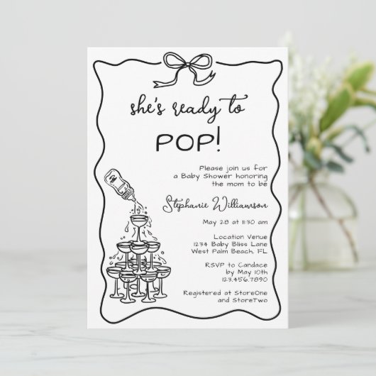 ポップする準備ができた、ふわふわのシャンパンタワー ベビーシャワー 招待状 (スタンド正面)