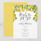 ポップする準備ができた レモンの花と緑の葉のベイビーシャワー 招待状 (正面/裏面)