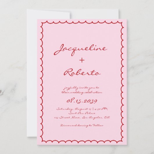 ポップで手描きのレトロフレーム ピンクと赤の結婚式 招待状 (正面)
