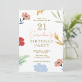 ポップなカラフルな花柄の誕生日招待状 招待状 (スタンド正面)