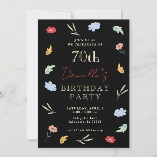 ポップなカラフルな花柄の70歳誕生日招待状 招待状 (正面)