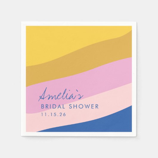 ポップなストライプ 青 黄 カスタム ブライダルシャワー スタンダードカクテルナプキン (正面)
