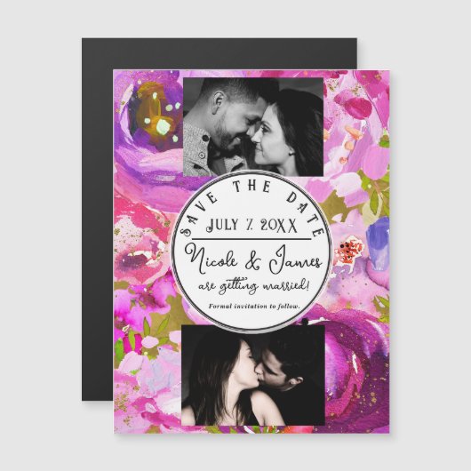 ポップなピンクとパープルの鮮やかな花でSave the Date (正面/裏面)