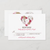 ポップなピンクの遊び心あふれる花柄ハートウェディング・返信カード 出欠カード (正面/裏面)