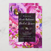 ポップのピンクと紫の鮮やかフローラブライダルシャワー 招待状 (正面/裏面)