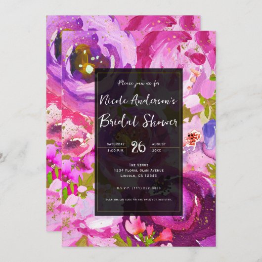 ポップのピンクと紫の鮮やかフローラブライダルシャワー 招待状 (正面/裏面)