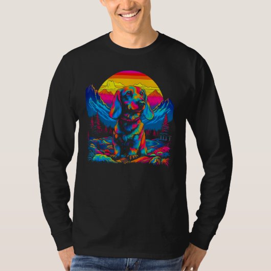ポップアーティストダックスフンドの犬と夕日 Tシャツ (正面)