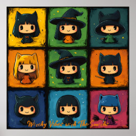 ポップアートちび魔女グリッド かわいいハロウィン壁画 ポスター