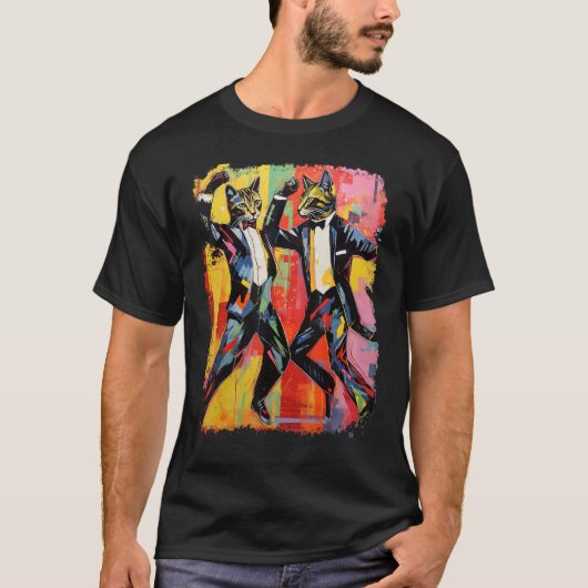 ポップアートでおもしろい猫のダンスのミーム Tシャツ (正面)