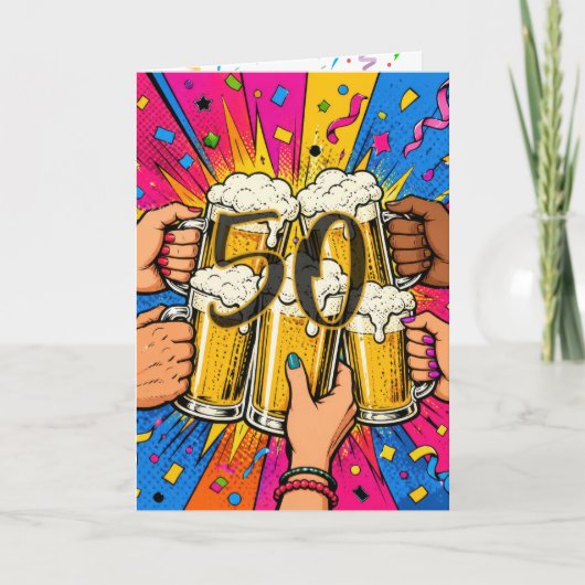ポップアートで祝う50歳の誕生日ビールの乾杯 カード (正面)
