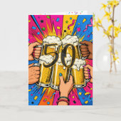 ポップアートで祝う50歳の誕生日ビールの乾杯 カード (黄色い花)