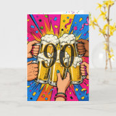 ポップアートで祝う90歳の誕生日ビール祝杯 カード (黄色い花)
