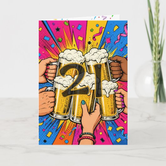 ポップアートで21歳の誕生日ビールを祝う カード (正面)