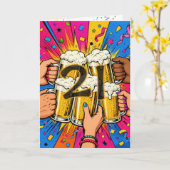 ポップアートで21歳の誕生日ビールを祝う カード (黄色い花)