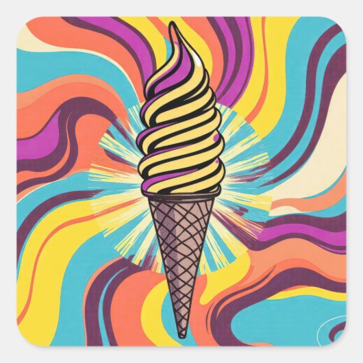ポップアートのアイスクリームコーン サイケデリック スクエアシール (正面)