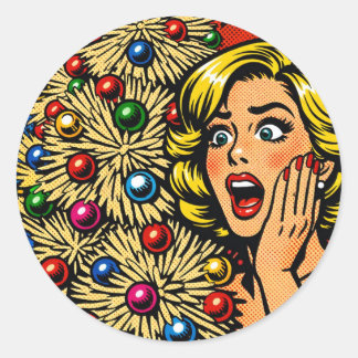 ポップアートのクリスマス、おどろきの表情、ファンキーなツリー ラウンドシール