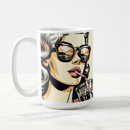 ポップアートのコミックブックの美人女性がソーダを飲む コーヒーマグカップ (左)