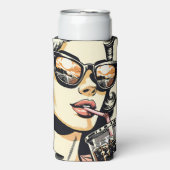 ポップアートのコミックブックの美人女性がソーダを飲む スリム缶クーラー (Seltzer正面)