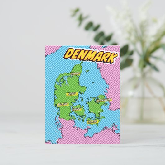 ポップアートのデンマーク地図イラスト ポストカード (スタンド正面)