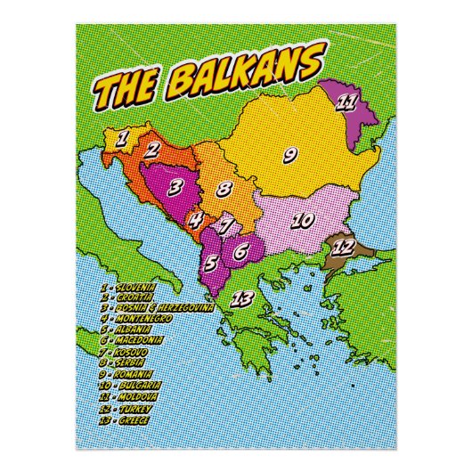 ポップアートのバルカン半島地図 ポスター (正面)