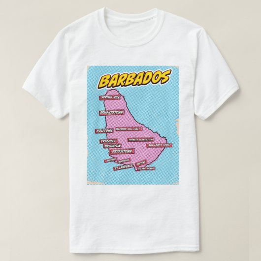 ポップアートのバルバドス地図 Tシャツ (デザイン正面)