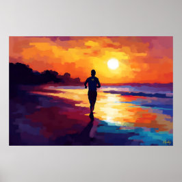 ポップアートの夕日ビーチランニング – 海辺を走るランナーのアート ポスター