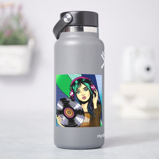 ポップアートの女性とレコード シール (HydroFlask)