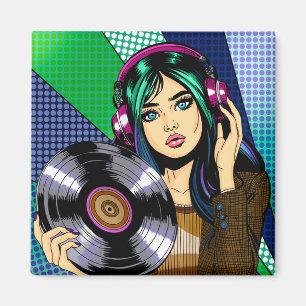 ポップアートの女性とレコード マグネット