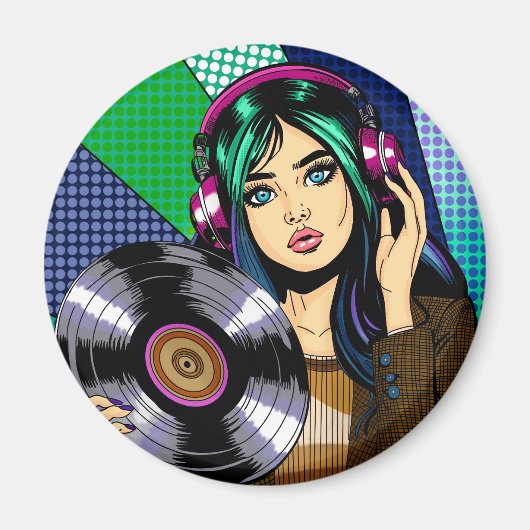 ポップアートの女性とレコード マグネット (正面)