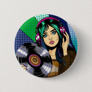 ポップアートの女性とレコード 缶バッジ