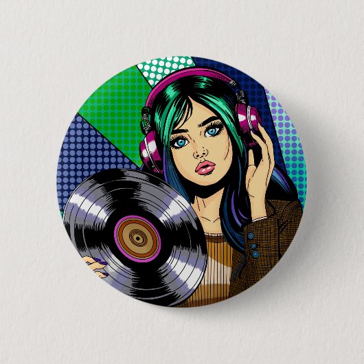 ポップアートの女性とレコード 缶バッジ (正面)