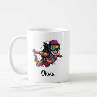 ポップアートの女性スカイダイバー ビビッドレトロ コーヒーマグカップ