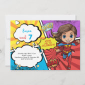 ポップアートの漫画スーパーヒーロー、スーパーガールの誕生日 招待状 (正面)