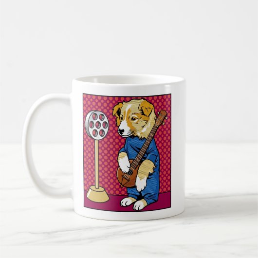 ポップアートの犬が楽器を演奏するレトロコミック コーヒーマグカップ (左)