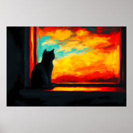 ポップアートの猫と夕日 - 窓からの眺め ポスター